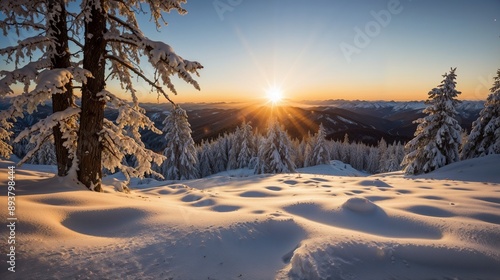 Wallpaper Mural Winter Sunrise Over Snowy Mountains: Pristine Landscape and Frosty Trees Torontodigital.ca