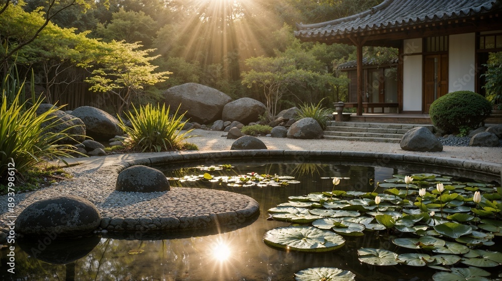 Tranquil Japanese Garden: Sunlit Pond, Lotus Flowers, and Serene Pathway