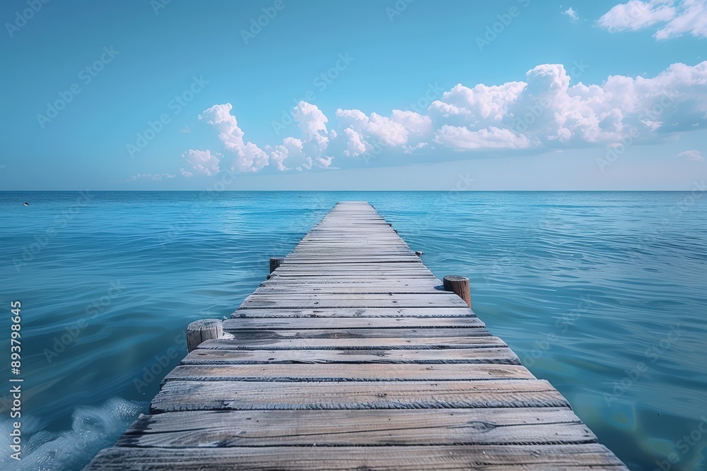 Obraz premium A serene scene of a wooden pier leading into calm turquoise waters under a blue sky with fluffy clouds, evoking feelings of peace, escape, and the simplicity of nature's beauty.