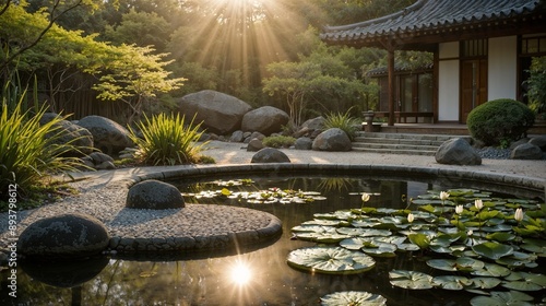 Obraz na płótnie Tranquil Japanese Garden: Sunlit Pond, Lotus Flowers, and Serene Pathway w salonie