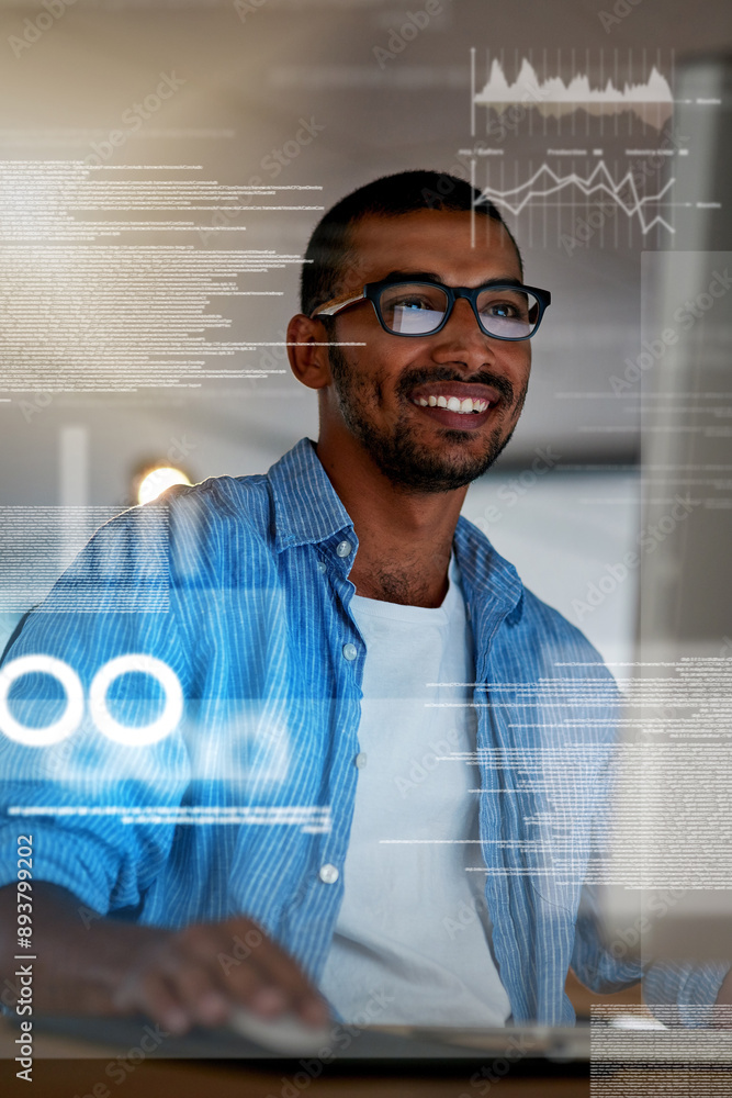 © peopleimages.com - Programmer, overlay and happy man on computer for cybersecurity, website development and coding. Cloud research, smile or IT technician typing code for online data, software algorithm or programming © peopleimages.com - Programmer, overlay and happy man on computer for cybersecurity, website development and coding. Cloud research, smile or IT technician typing code for online data, software algorithm or programming