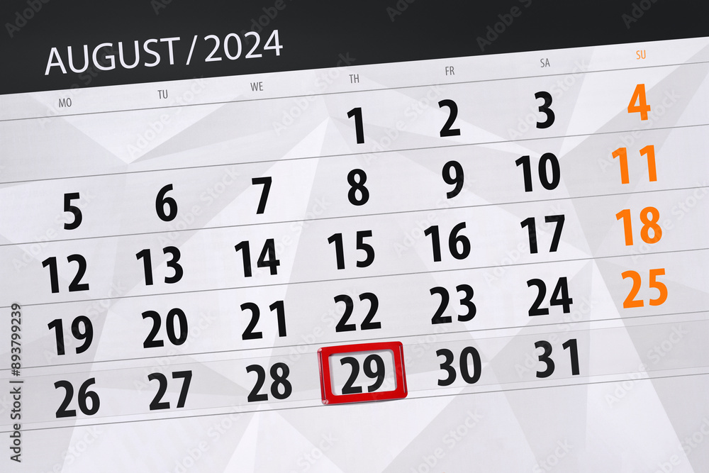 Fototapeta premium Calendar 2024, deadline, day, month, page, organizer, date, August, thursday, number 29