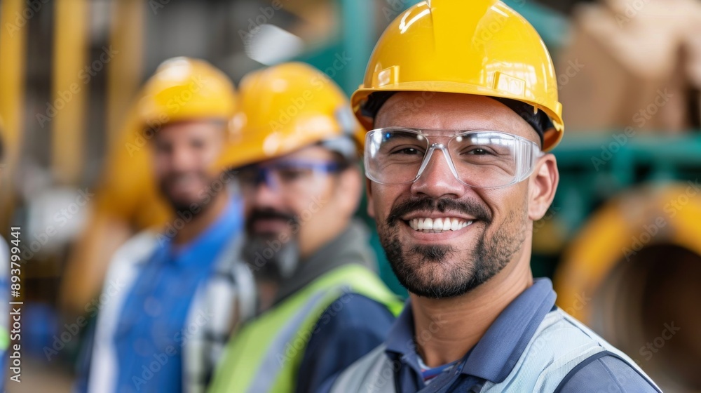 Confident Industrial Team: A portrait of a diverse group of industrial workers in hardhats and safety goggles, highlighting their expertise and teamwork in a manufacturing plant. Confident Industrial Team: A portrait of a diverse group of industrial workers in hardhats and safety goggles, highlighting their expertise and teamwork in a manufacturing plant.