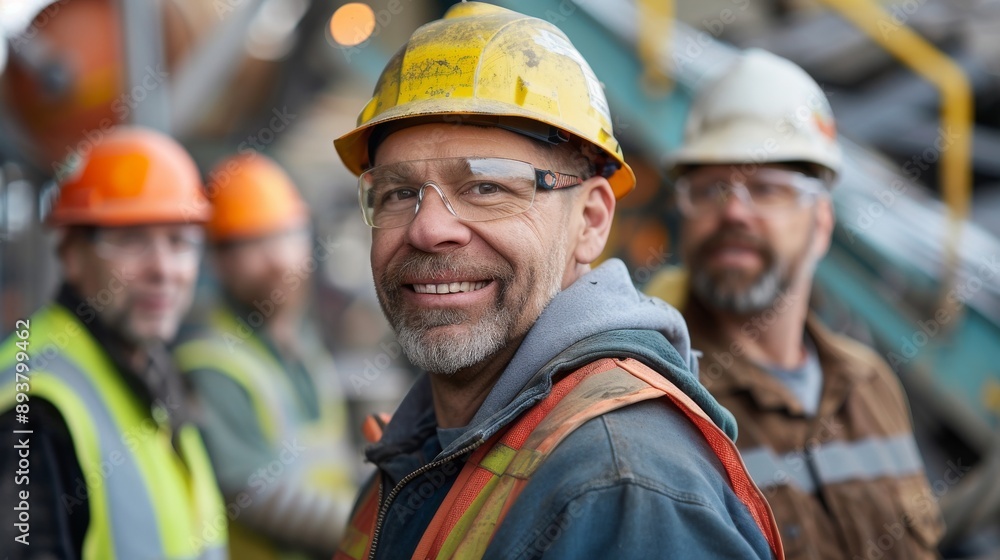 A seasoned engineer, equipped with smart glasses, smiles confidently amidst his team at a bustling factory, embodying the future of skilled labor. A seasoned engineer, equipped with smart glasses, smiles confidently amidst his team at a bustling factory, embodying the future of skilled labor.