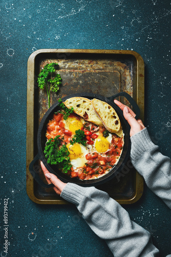 Hands hold a pan with Shakshuka eggs.. Poached eggs in a spicy tomato pepper sauce, onion and parsley. Top view. photo