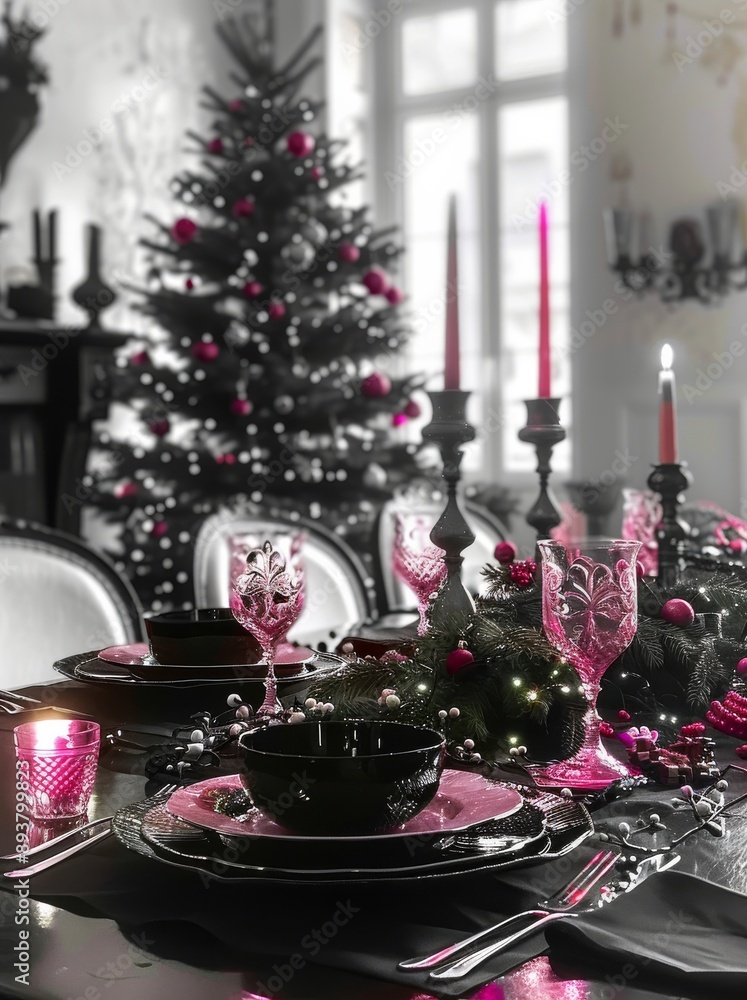 Christmas table setting with christmas tree in the background, toned Christmas table setting with christmas tree in the background, toned
