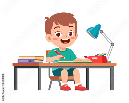 little kid study on desk and feel happy