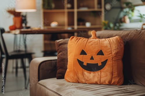 A suede orange pillow in the shape of a pumpkin for Halloween decorates a suede sofa in the living room, modern decor in the interior, minimalism