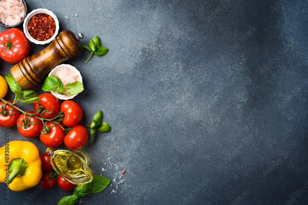 Cooking background. Healthy food concept, fresh tomatoes, vegetables and spices. Organic food. Free space for text. Cooking background. Healthy food concept, fresh tomatoes, vegetables and spices. Organic food. Free space for text.