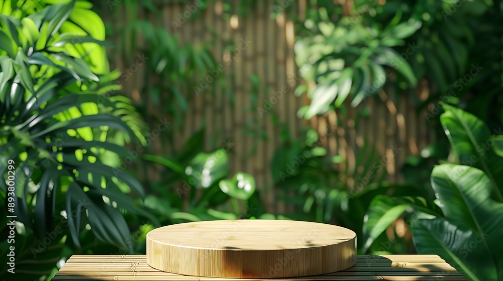 Wooden Tabletop in a Lush Green Forest Wooden Tabletop in a Lush Green Forest