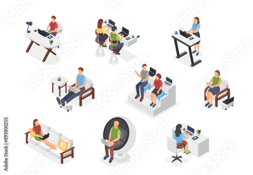 Isometric freelancers. Men women working with laptop and tablets from home. Students bloggers and journalists, cozy workplace flawless vector set