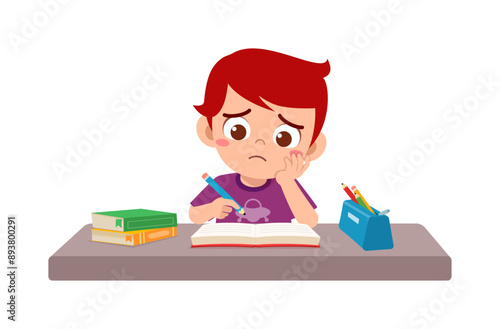 little kid study on desk and feel sad