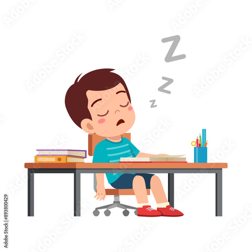 little kid study on desk and feel sleepy