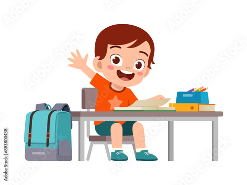 little kid study on desk and raise hand to answer question