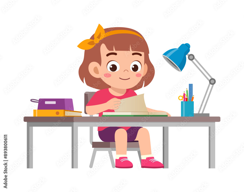 Fototapeta premium little kid study on desk and feel happy