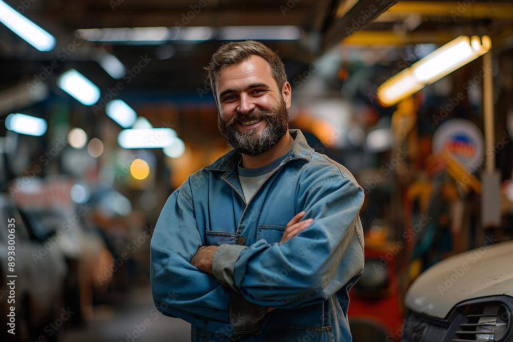 Smiling Auto Mechanic in Workshop with Arms Crossed and Classic Car in Background Smiling Auto Mechanic in Workshop with Arms Crossed and Classic Car in Background