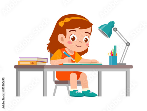 little kid study on desk and feel happy