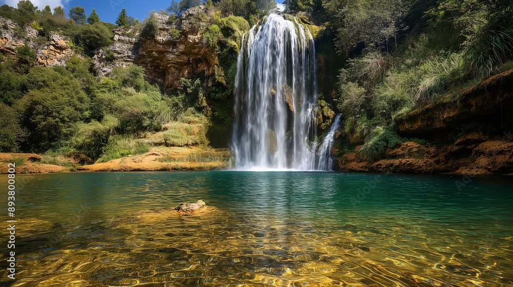 Fototapeta premium A beautiful waterfall cascading into a clear pool, surrounded by rich vegetation, emphasizing the importance of protecting natural water sources.