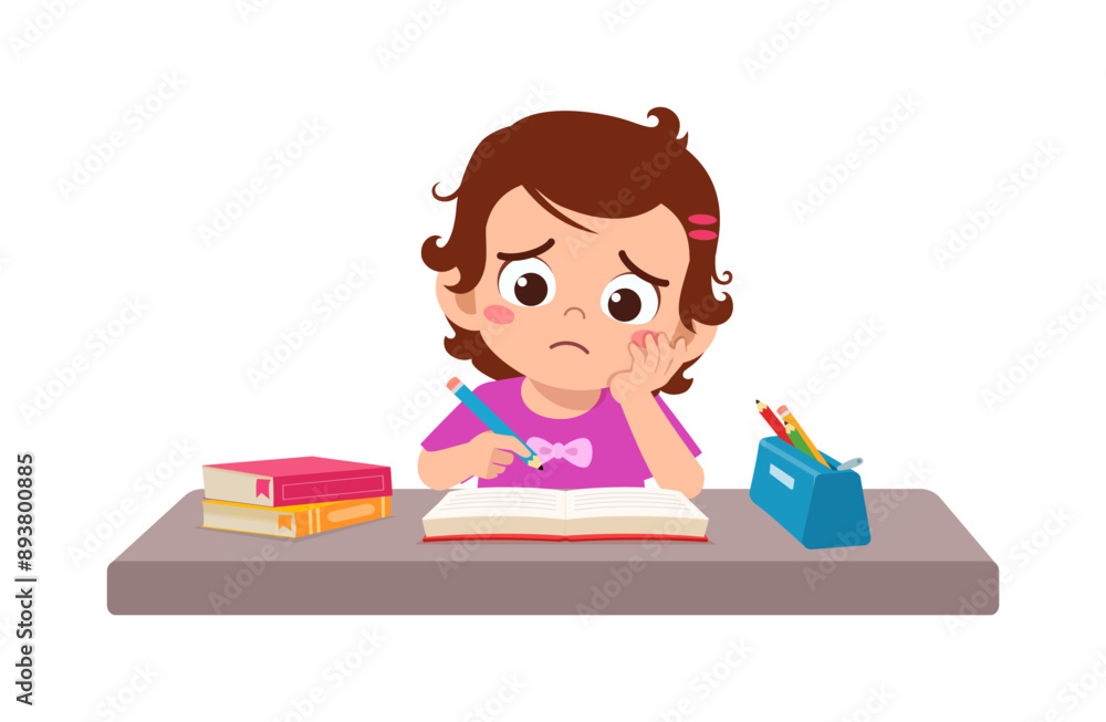 little kid study on desk and feel sad little kid study on desk and feel sad