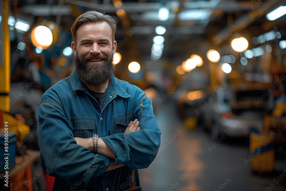 Obraz premium Smiling Auto Mechanic in Workshop with Arms Crossed and Classic Car in Background