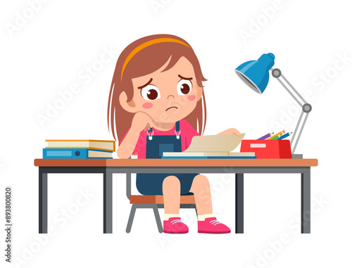 little kid study on desk and feel sad