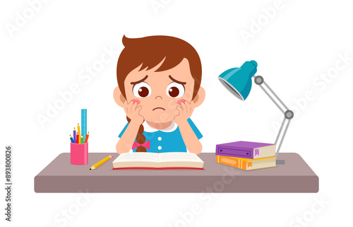 little kid study on desk and feel sad