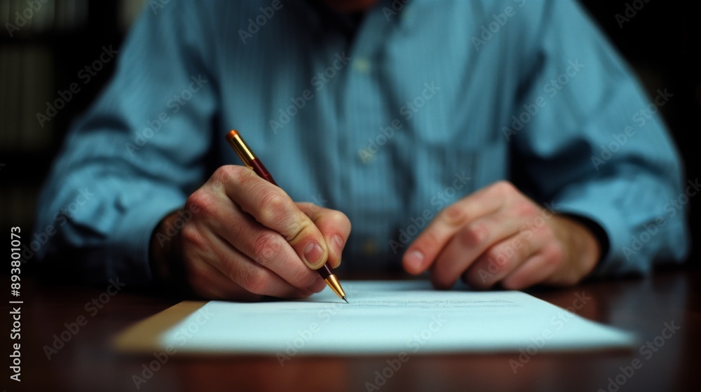 A man sits at his desk and signs a contract with a pen A man sits at his desk and signs a contract with a pen