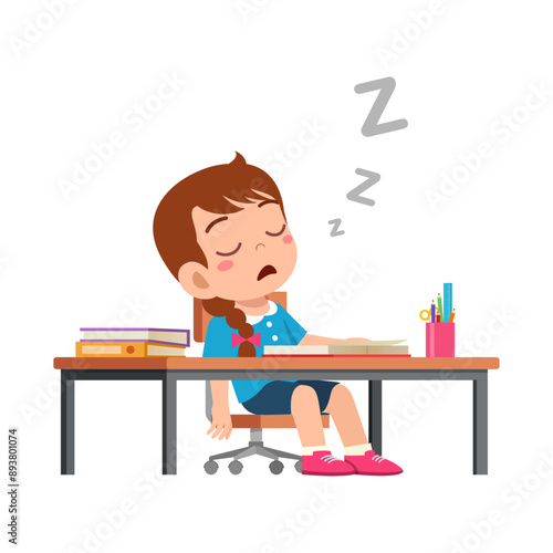 little kid study on desk and feel sleepy