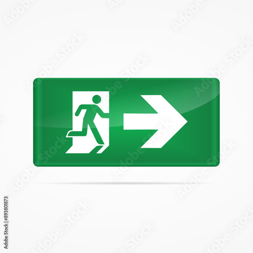 Green emergency exit sign on white