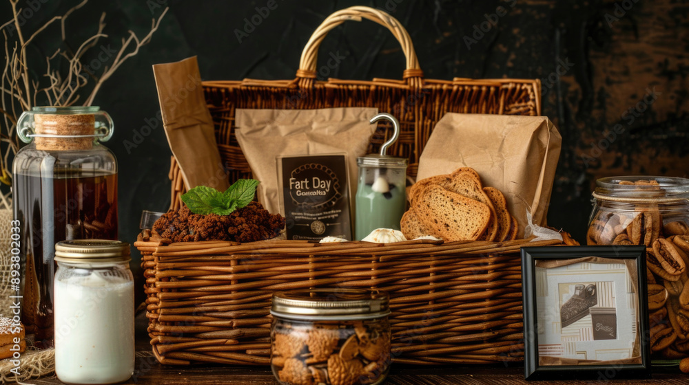 Rustic Picnic Basket with Assorted Homemade Baked Goods and Beverages on Wooden Table Rustic Picnic Basket with Assorted Homemade Baked Goods and Beverages on Wooden Table