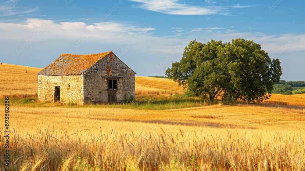 Ancient stone barn amidst vast fields of wheat Ancient stone barn amidst vast fields of wheat