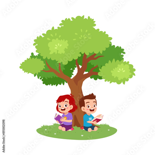 kid read book under tree and feel happy