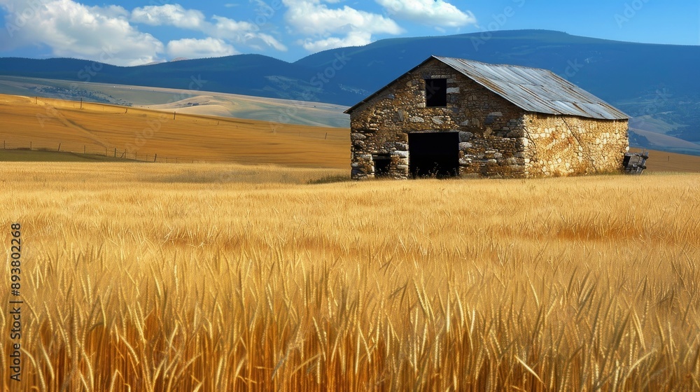 Ancient stone barn amidst vast fields of wheat Ancient stone barn amidst vast fields of wheat