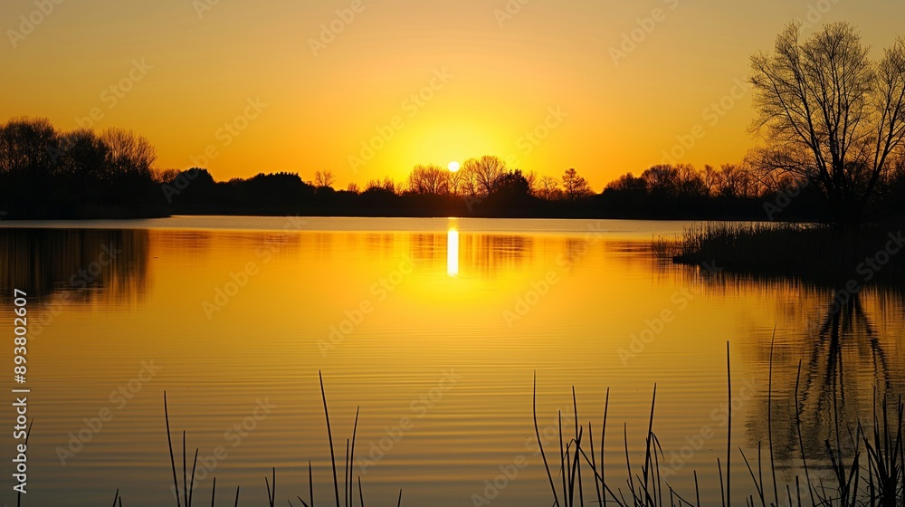 A calm lake at sunset with a golden reflection on the water, surrounded by silhouettes of trees, and clear areas for text. A calm lake at sunset with a golden reflection on the water, surrounded by silhouettes of trees, and clear areas for text.