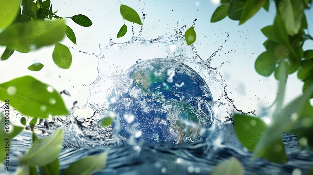 A captivating image of Earth surrounded by crystal-clear water splashes and vibrant green leaves, set against a clear sky, emphasizing the importance of environmental protection. A captivating image of Earth surrounded by crystal-clear water splashes and vibrant green leaves, set against a clear sky, emphasizing the importance of environmental protection.
