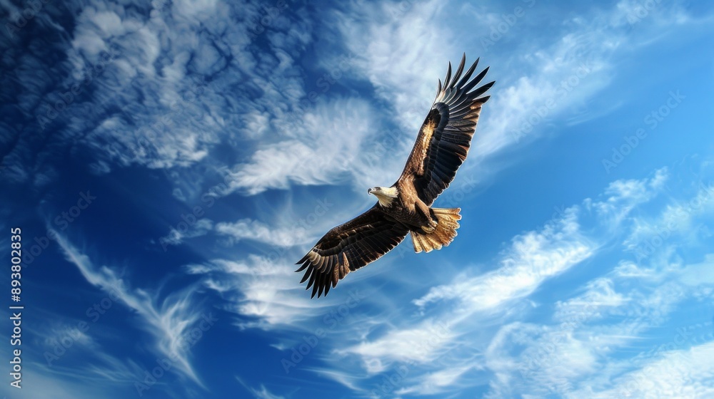 Obraz premium A stunning bird of prey glides gracefully against the serene, blue sky, showcasing its impressive wingspan and feather details