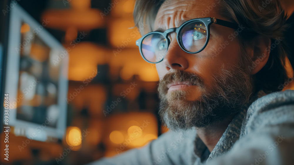 Late Night Focus: A man with a beard and glasses intensely stares at a computer screen, illuminated by the soft glow of the monitor. The image captures a moment of deep concentration and dedication. Late Night Focus: A man with a beard and glasses intensely stares at a computer screen, illuminated by the soft glow of the monitor. The image captures a moment of deep concentration and dedication.