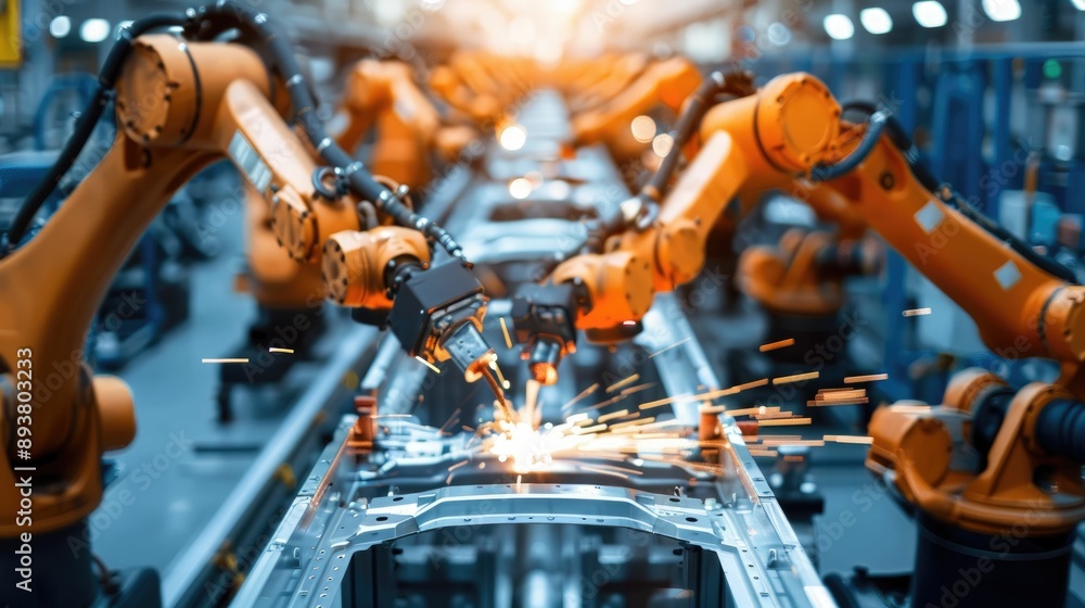 Array of automated welding robots in a car factory Array of automated welding robots in a car factory