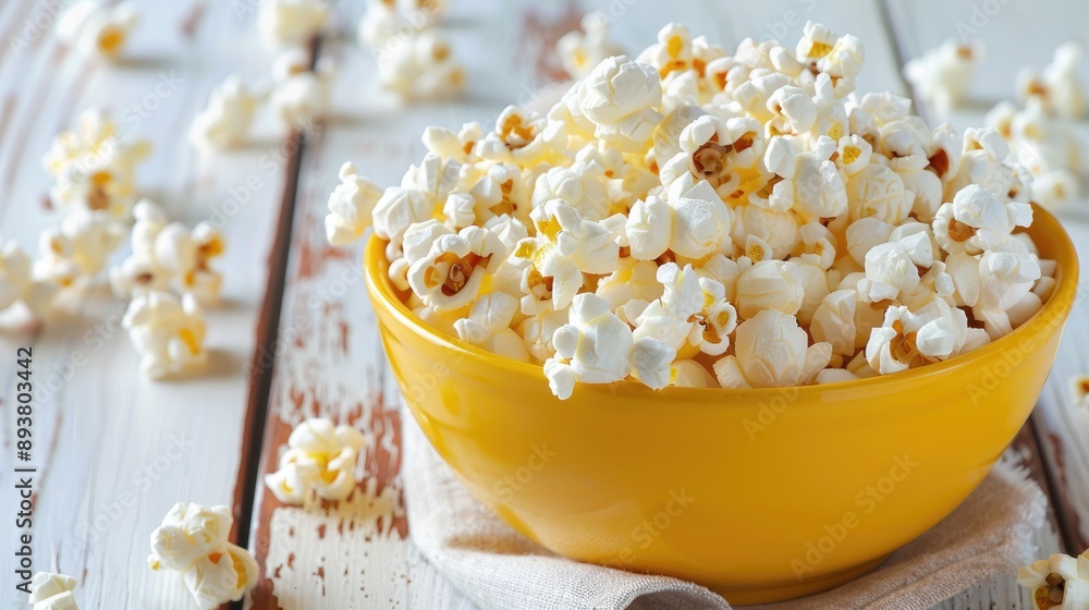 Selective focus on yellow bowl of fresh popcorn on white wooden table Selective focus on yellow bowl of fresh popcorn on white wooden table