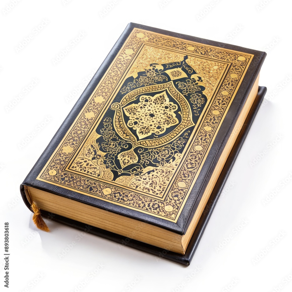 A Closed Quran With Intricate Gold and Black Designs on a White Background. Generative AI A Closed Quran With Intricate Gold and Black Designs on a White Background. Generative AI