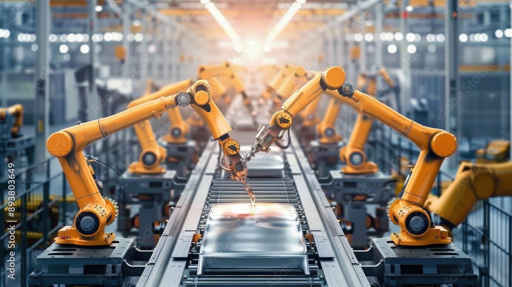 Array of automated welding robots in a car factory Array of automated welding robots in a car factory