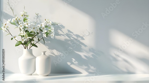 White flowers in a vase in a light-colored home interior for a product showcase © kinza