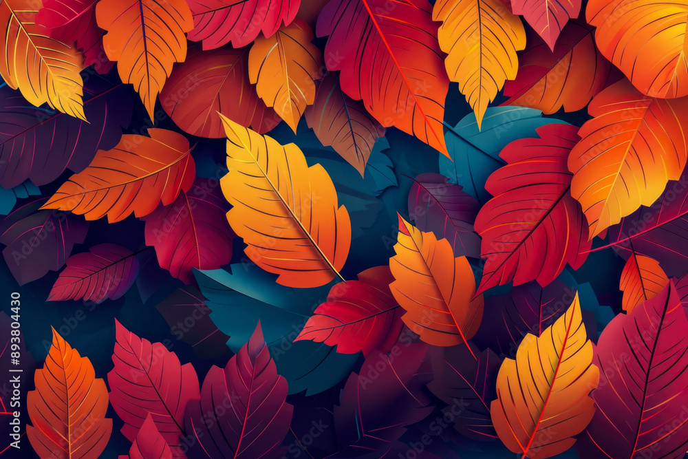 Minimalistic vector design with large bright autumn leaves in warm colors. Simple, flat colors with clean edges and geometric shapes Minimalistic vector design with large bright autumn leaves in warm colors. Simple, flat colors with clean edges and geometric shapes