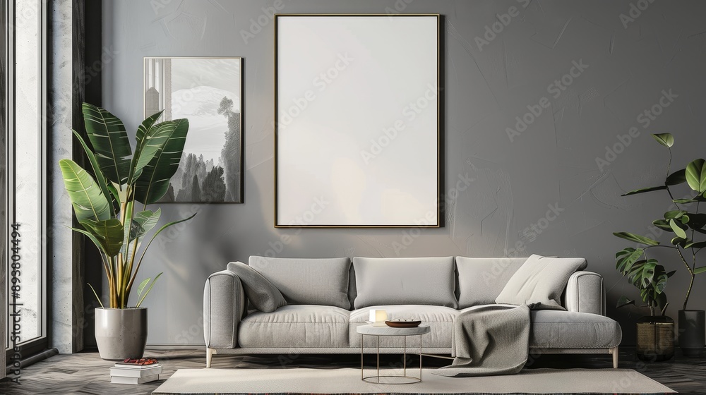 Minimalist Living Room with Grey Sofa and Two Framed Artworks, grey wall, modern decor, plant, living room, interior design, cozy Minimalist Living Room with Grey Sofa and Two Framed Artworks, grey wall, modern decor, plant, living room, interior design, cozy