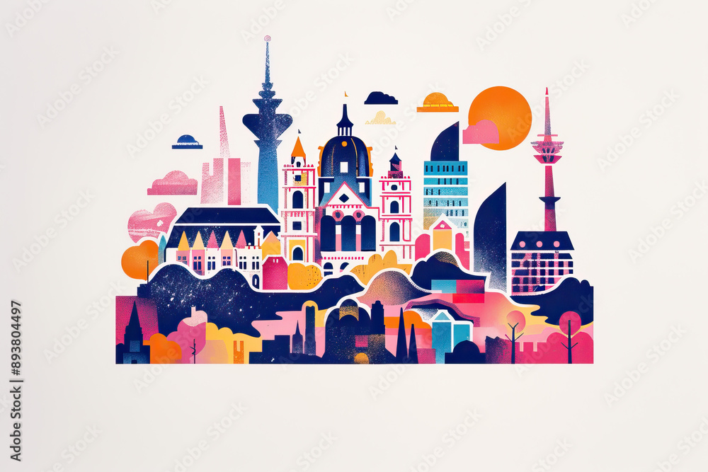Obraz premium Risograph trendy riso print travel poster, card, wallpaper or banner illustration, modern, isolated, clear, simple of Aachen, Germany. Artistic, screen printing, stencil