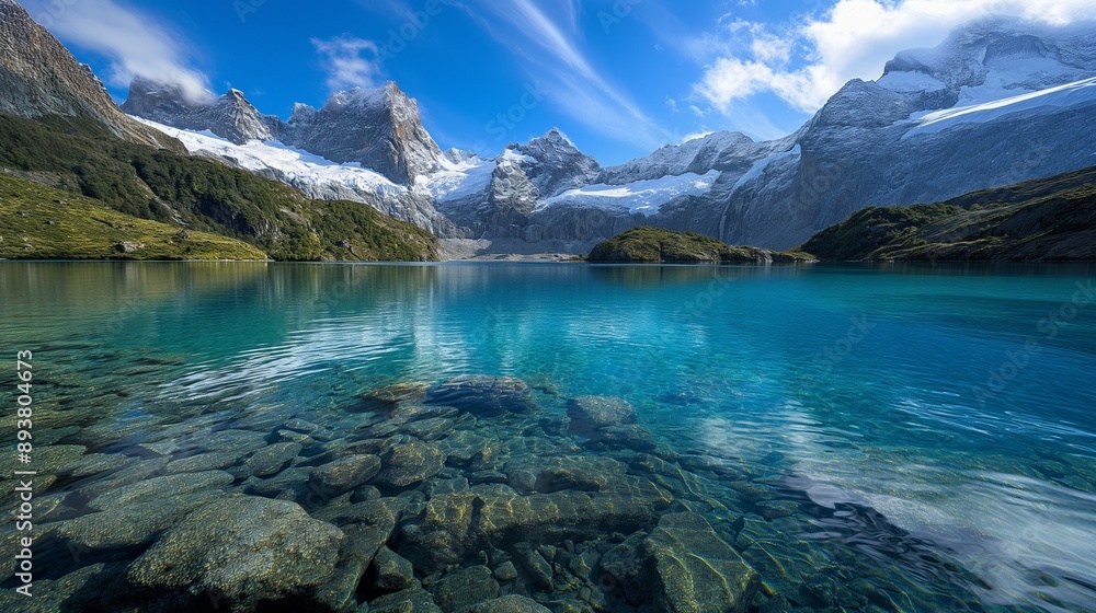 A clear, blue glacier-fed lake surrounded by snow-capped mountains, showcasing the need to protect our planet's freshwater reserves. A clear, blue glacier-fed lake surrounded by snow-capped mountains, showcasing the need to protect our planet's freshwater reserves.