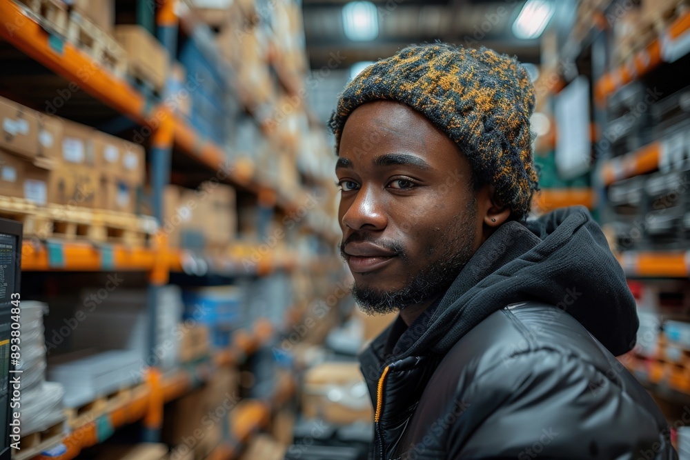 A man in a colorful beanie and black jacket works in a warehouse filled with boxes and shelves, showing a sense of concentration and purpose in an organized environment. A man in a colorful beanie and black jacket works in a warehouse filled with boxes and shelves, showing a sense of concentration and purpose in an organized environment.