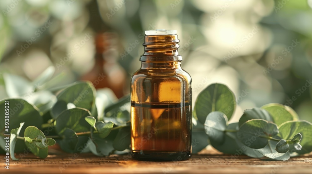 Eucalyptus essential oil in a bottle for spa massages Eucalyptus essential oil in a bottle for spa massages