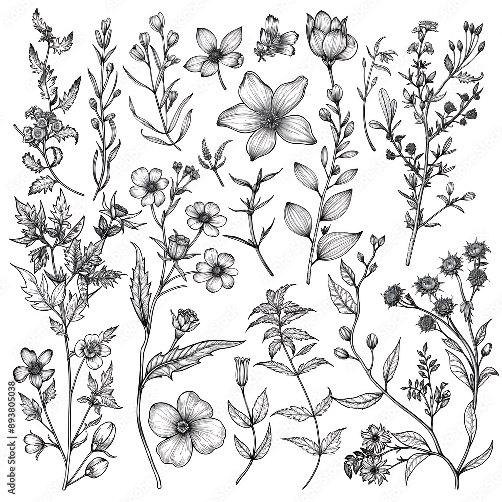 set of outline illustrations of single-color drawings of flowers and assorted plants set of outline illustrations of single-color drawings of flowers and assorted plants