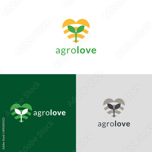 Vector flat agricultural plant logo with leaves, wifi circles pattern and heart on white background. Biotechnology concept. Illustration for agro, smart farming and livestock business.